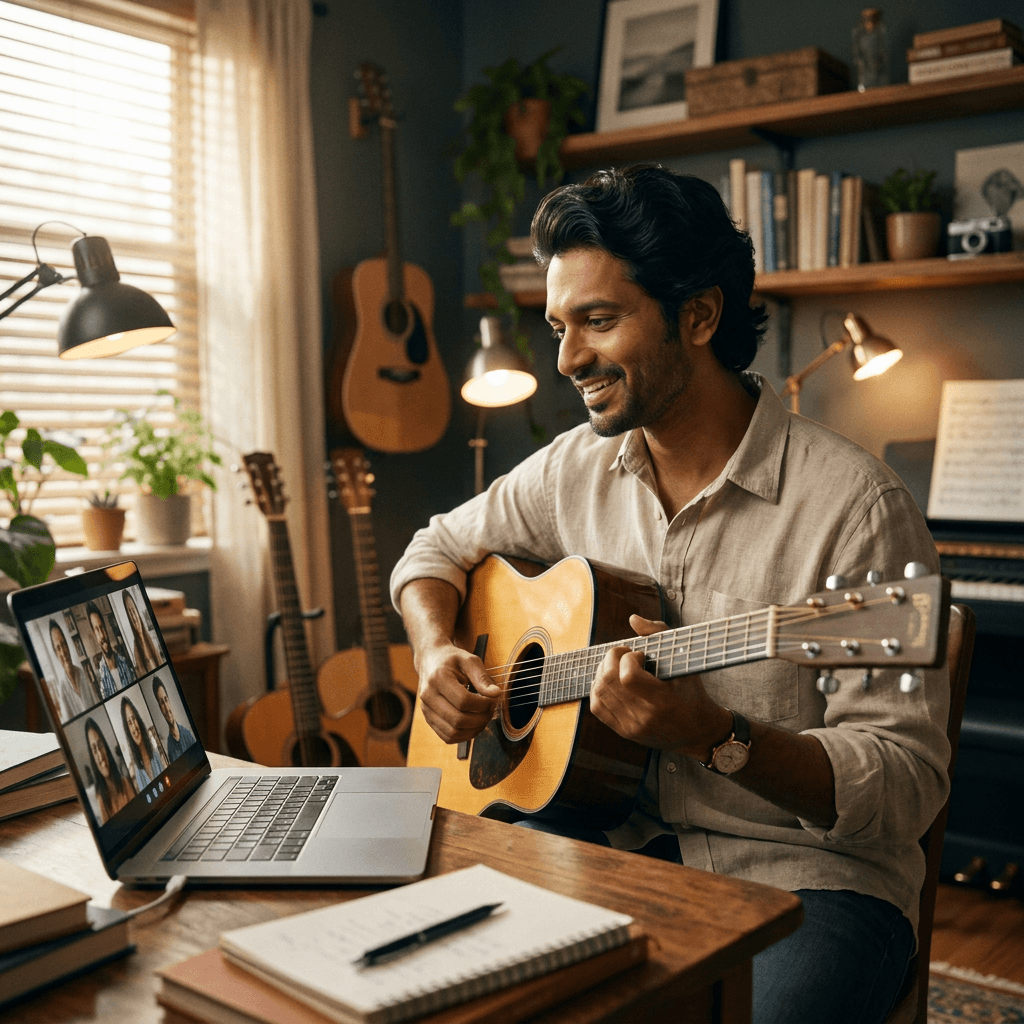 Students in online guitar class